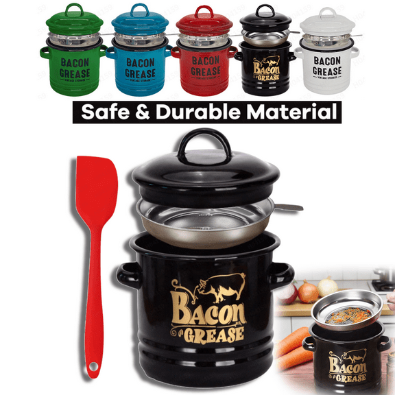 Hogloyecr 46 Oz Bacon Grease Container, Bacon Grease Saver with Strainer for Kitchen, Ceramic Bacon Grease Jar with Silicone Spatula & Lid, Cooking Up Fat Catcher Black