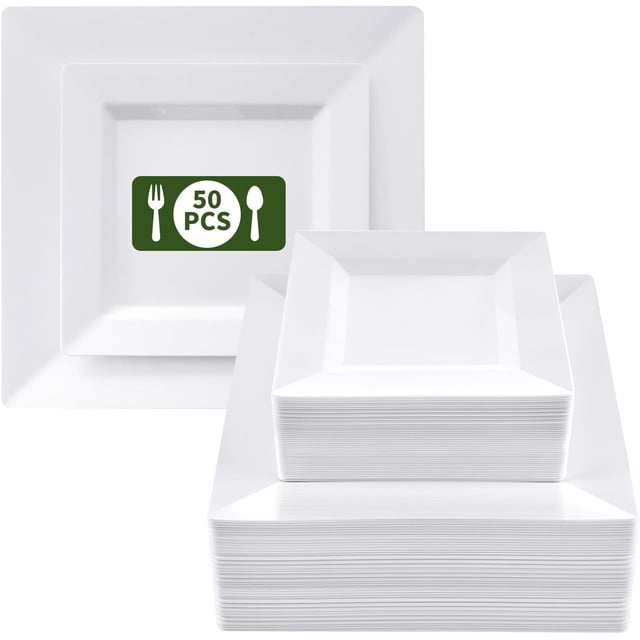 50 platos de Vajilla de Platos Cuadrados,platos de plastico elegantes,Platos Elegantes Reutilizables para Fiesta,Incluye 25 Platos Grandes (25 cm) y 25 Platos medianos (16 cm),para fiestas y cenas