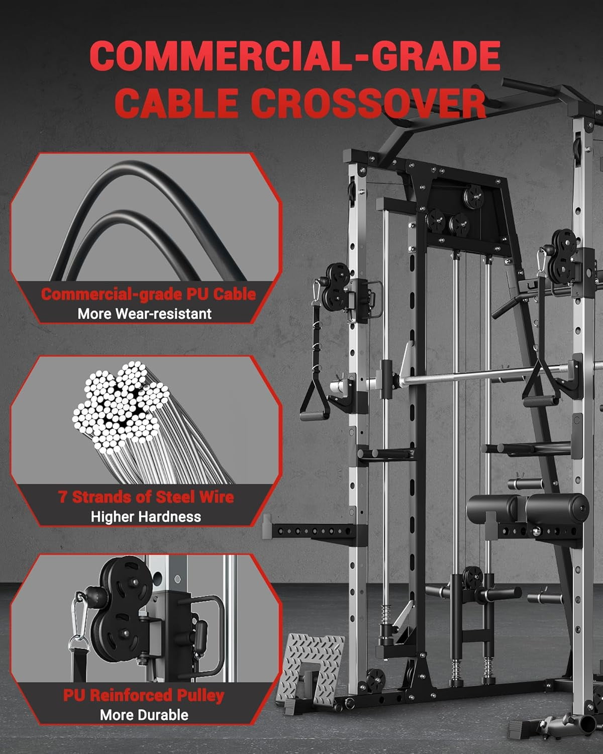 IdealHouse 2200LBS Smith Machine Home Gym, All-in-One Power Cage Squat Rack with LAT Pull-Down, Dual Pulleys & Attachments, Black