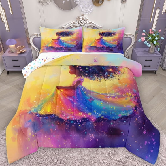 Manfei Kawaii Black Girl Bedding Comforter Set, Cute Fairy Tale Princess Twin Comforter Sets, Dreamy Butterfly Reversible Bedding Set, Luxury Bedroom Decor, 2pcs