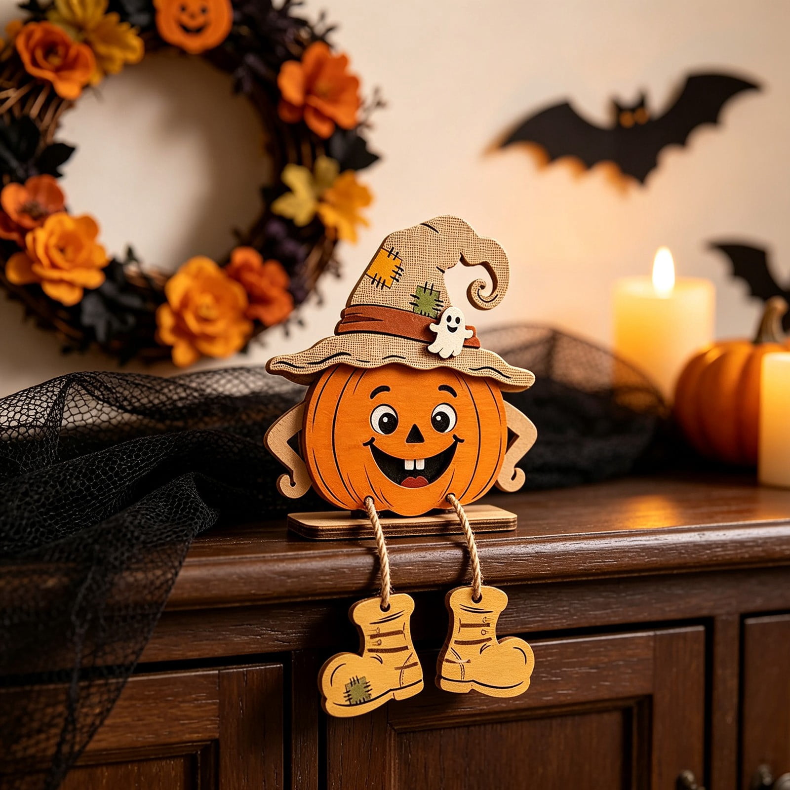 Wooden Halloween Pumpkin Decoration 6 in - Natural Wood Tabletop Ornament Sign Accent Display for Fireplace Mantel Shelf Tiered Tray Fall Harvest Decor Accent