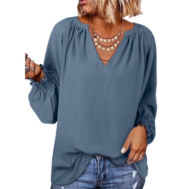 Blusa de chifón con cuello en V y manga larga Dokotoo para mujer, gris y azul