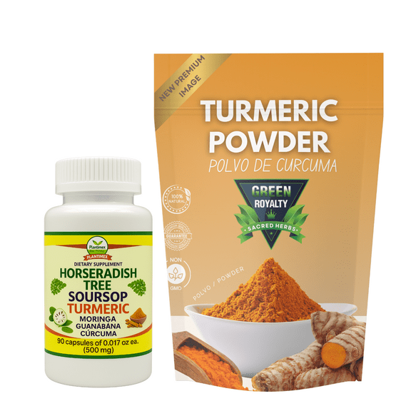 Green Royaty Turmeric Powder 8oz, 3-in-1 Capsules 90 Count, Moringa, Soursop, Turmeric, Combo
