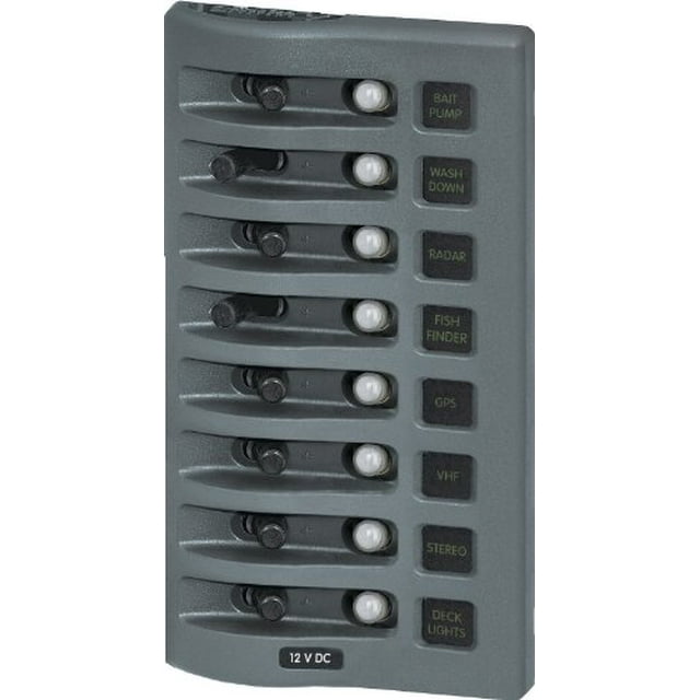 Blue Sea Systems WeatherDeck 12V DC Waterproof 8-Position Circuit Breaker Panel, Grey