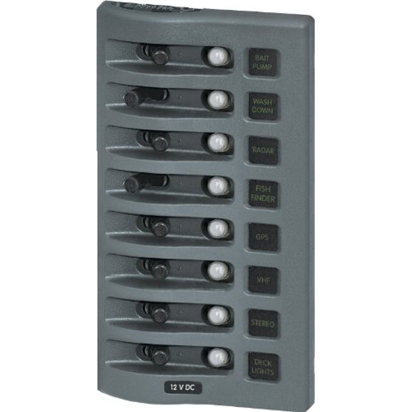 Blue Sea Systems WeatherDeck 12V DC Waterproof 8-Position Circuit Breaker Panel, Grey