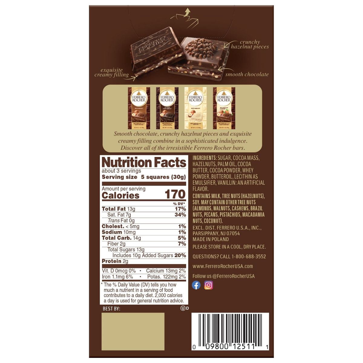 FERRERO ROCHER Dark Chocolate Bar, Hazelnut & Cocoa Filling, Premium Indulgent Dark Chocolate Tablet 3.1 oz - Pack of 2