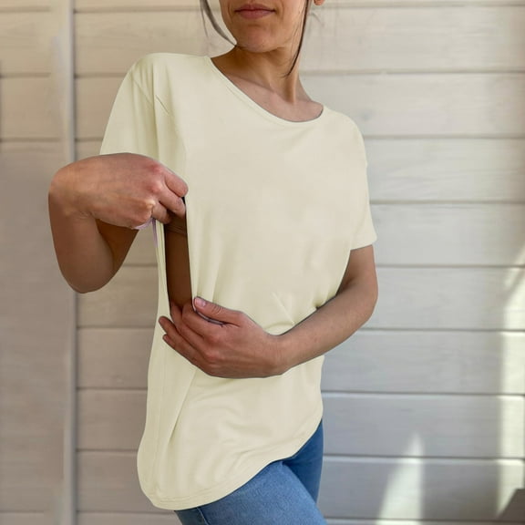 Beige Women's Short Sleeve T-shirt, Women'S Solid Color Round Tie Zipper Loose Casual Short Sleeved Top,Women's Short sleeve T-shirt S