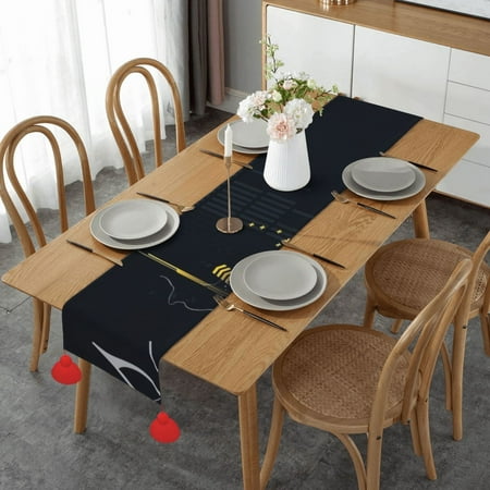 

Abstract Music Table Runner Imitation Linen Table Runner With Red Tassels For Party And Dining Room 14 x 60