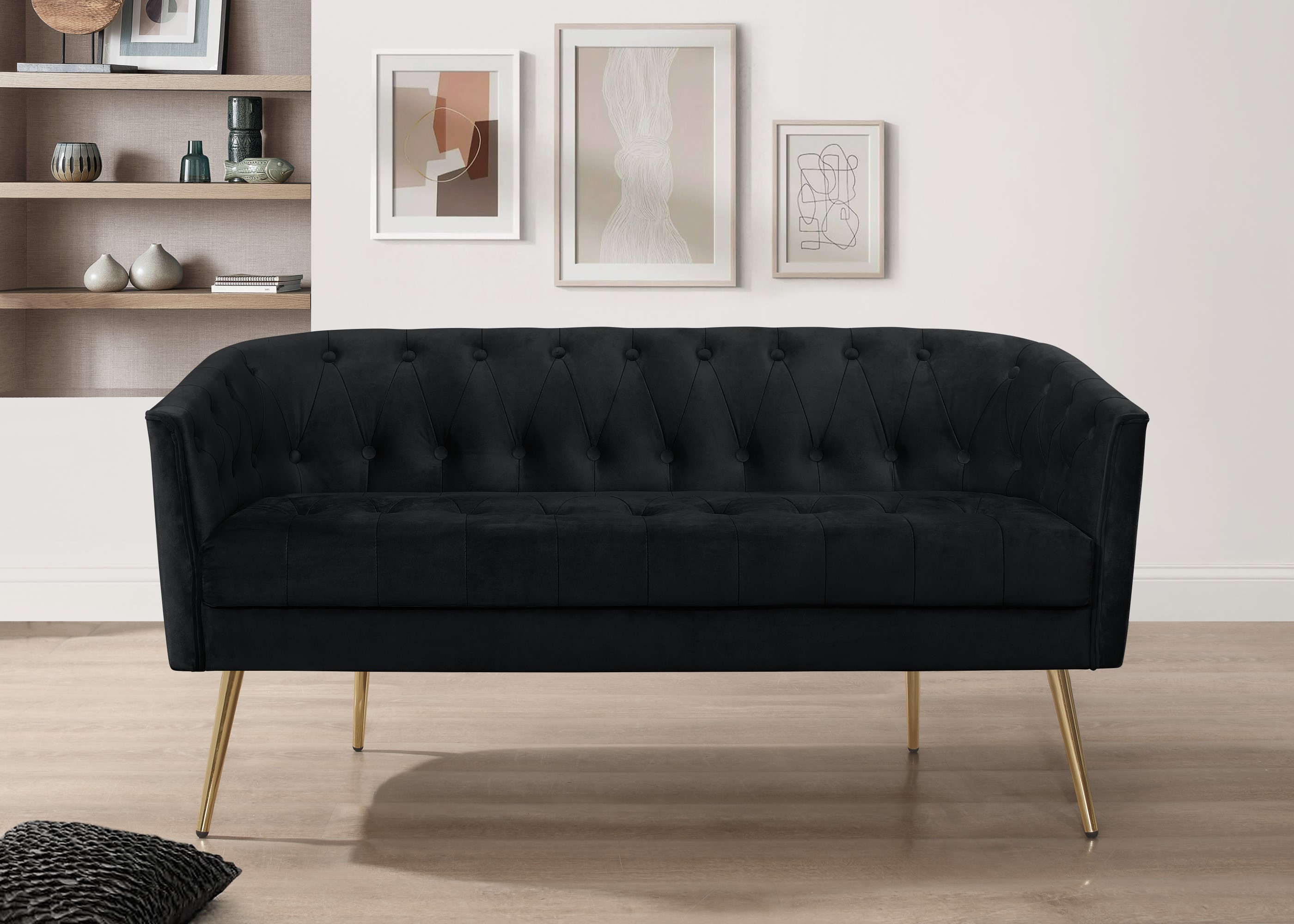 Home Design 2-Piece Cassy Velvet Flared Arm Living Room Furniture Set with Chair with Stool, Loveseat with Coffee Table, Black