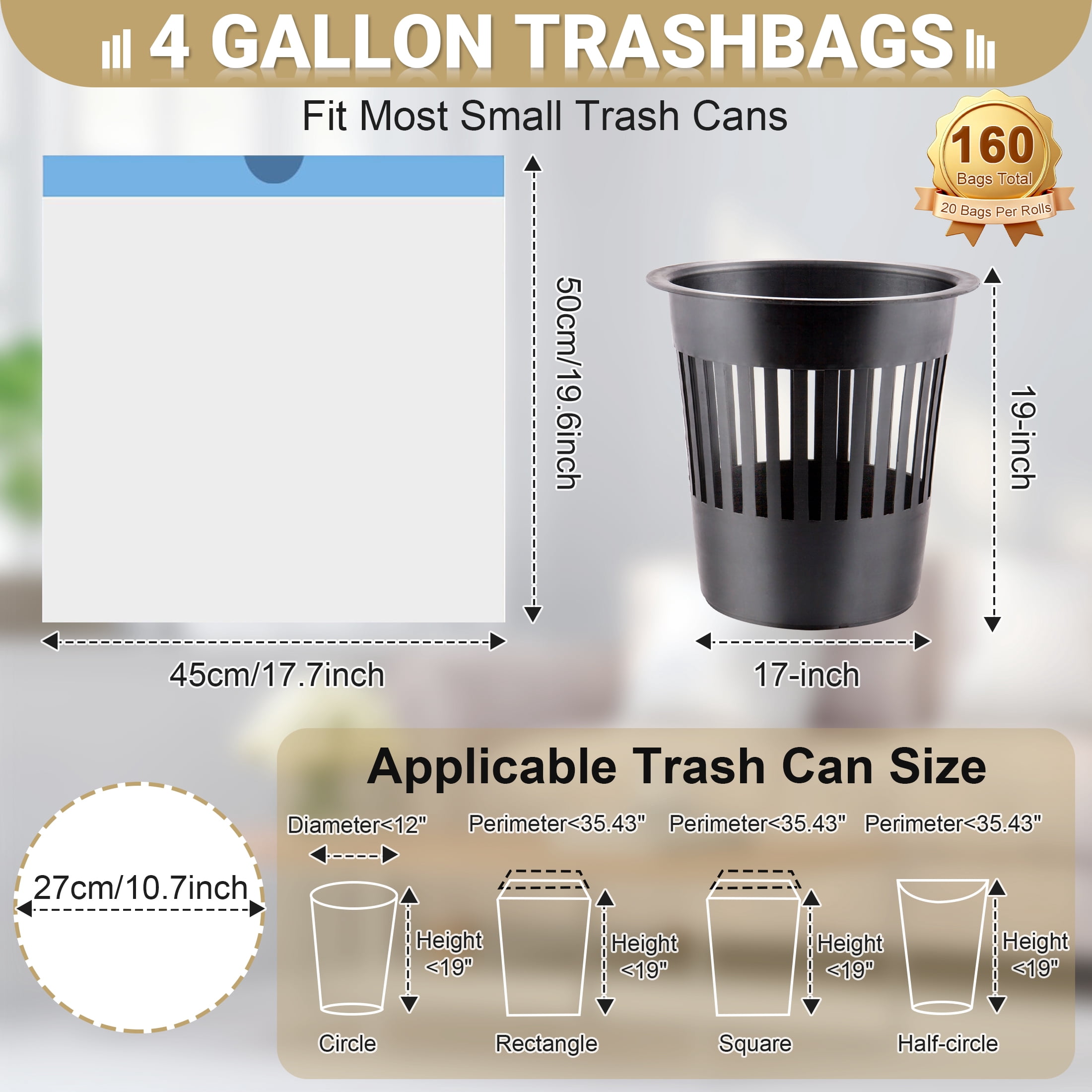 4 Gallon Drawstring Trash Bags, 160 Count Small Plastic Garbage Bags, Leak Proof Thick Disposable Trash Liners for Bathroom Kitchen Office Bedroom