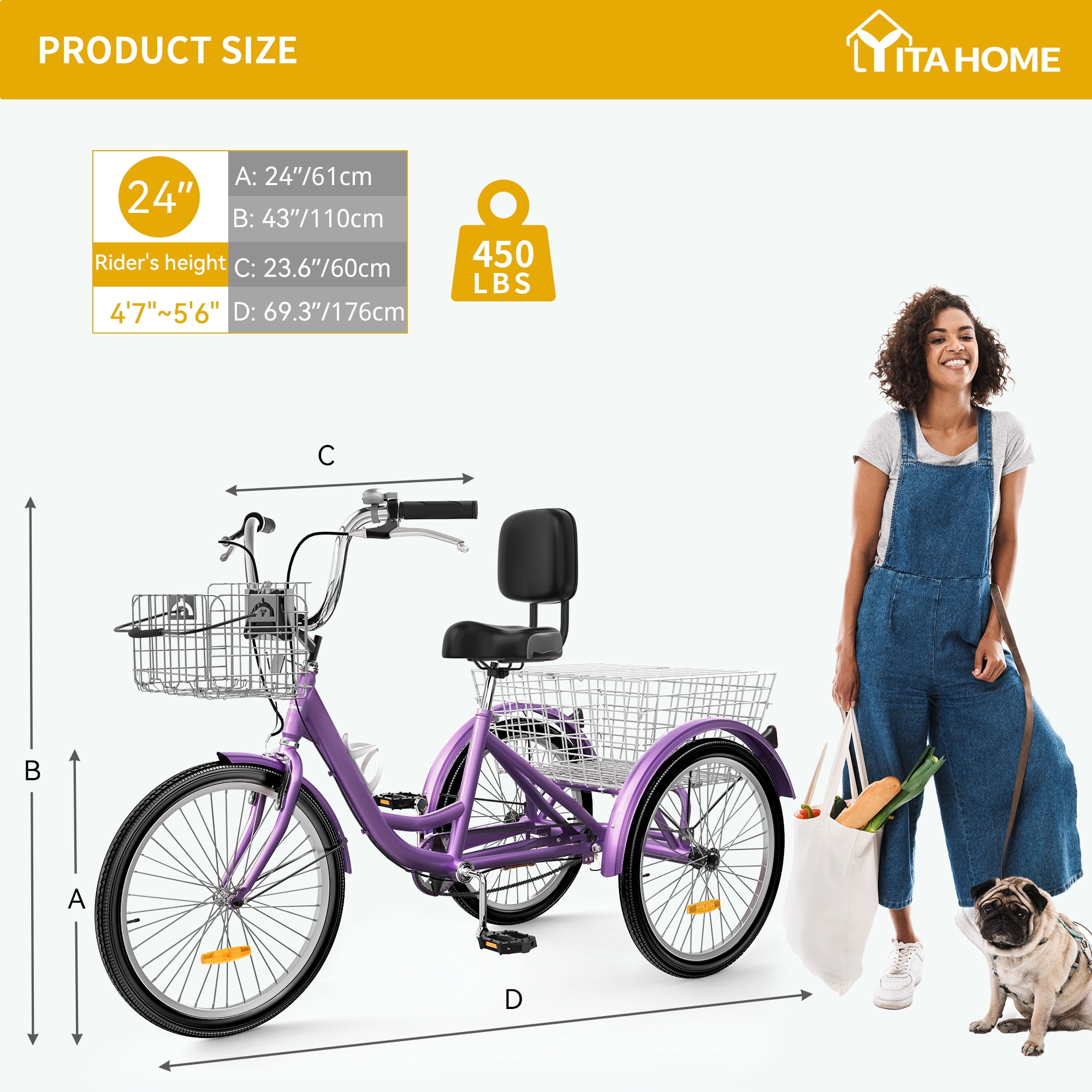 Dextrus Adult 24" Adjustable Seat Tricycle with Front & Rear Basket, Purple