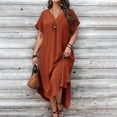 thumbnail image 2 of Robes Grande Taille Décontractées Col en V Couleur Unie Coupe Ample Robe de Plage Maxi Robe Marron TTTG, 2 of 6