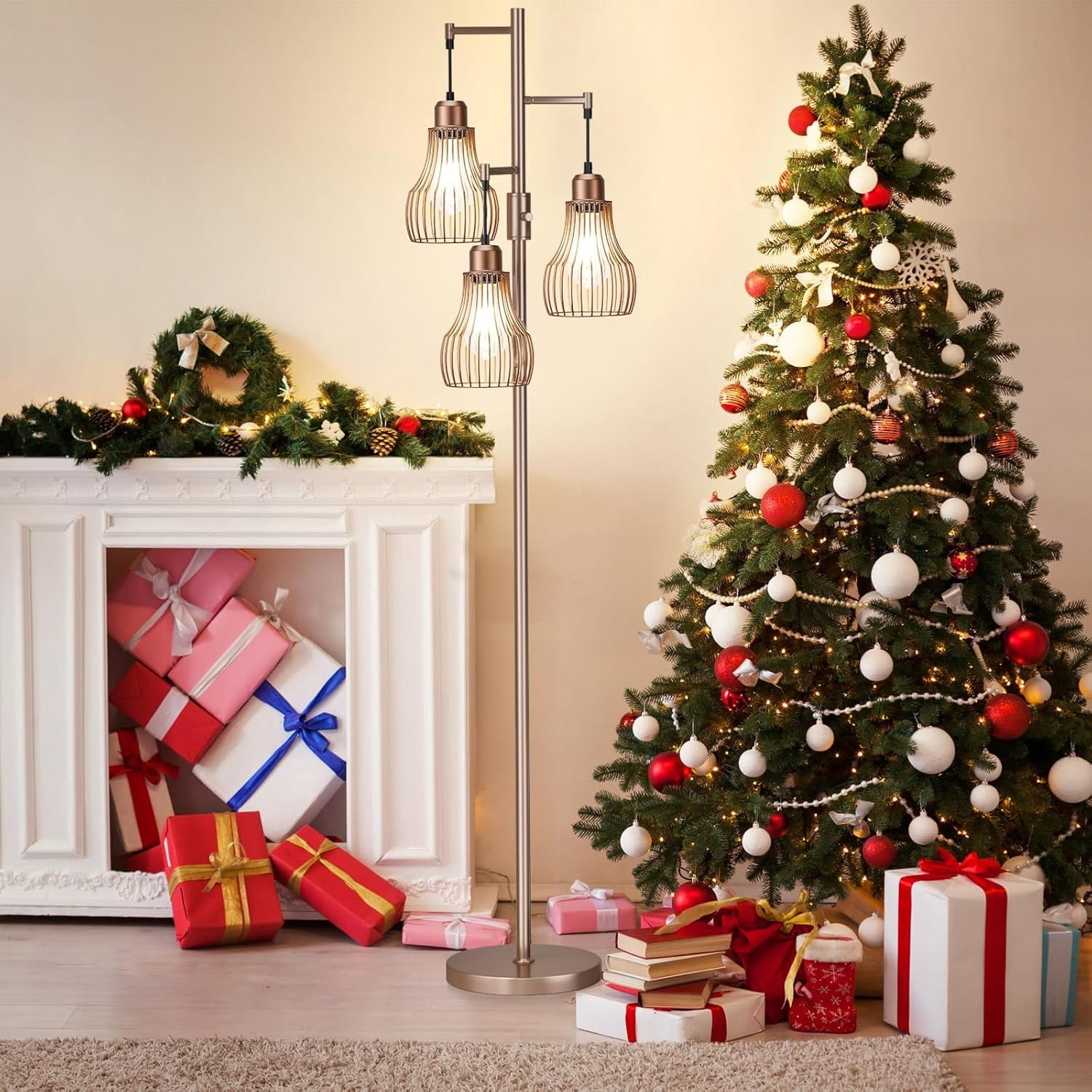 Floor Lamps for Living Room, Industrial Tree Standing Tall Lamps with 3 Elegant Cage Shade & 800 Lumens LED Bulbs for Bedroom Office - Brown