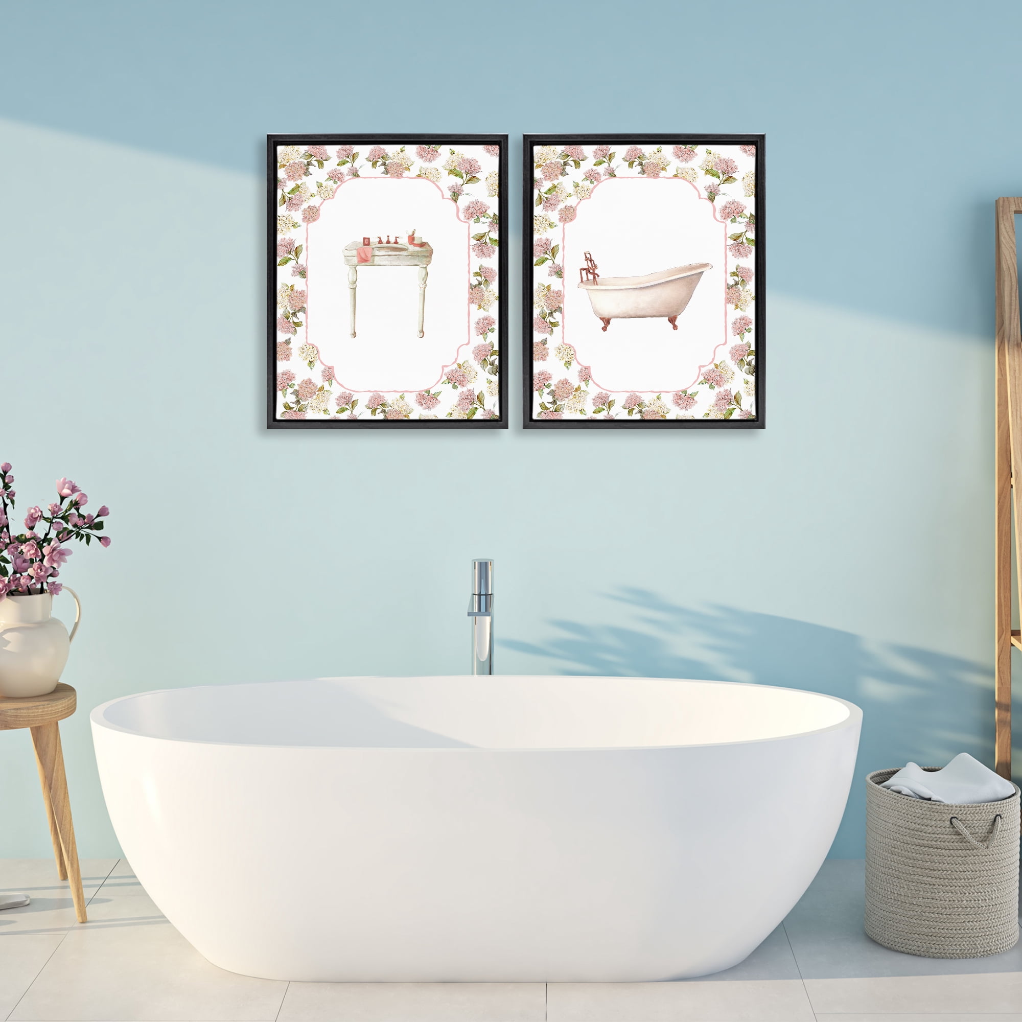 Stupell Industries Elegant Hydrangeas Bathroom 2 Piece Black Framed Floater Canvas Set, design by Carol Robinson