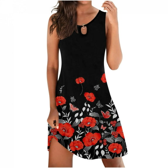 Jophufed Summer Spring Dresses for Women 2022 Cute Cold Shoulder Boho Tshirt Dresses A Line Shift Floral Printed Tunic Dress,Sleeveless Beach Short Mini Sundress