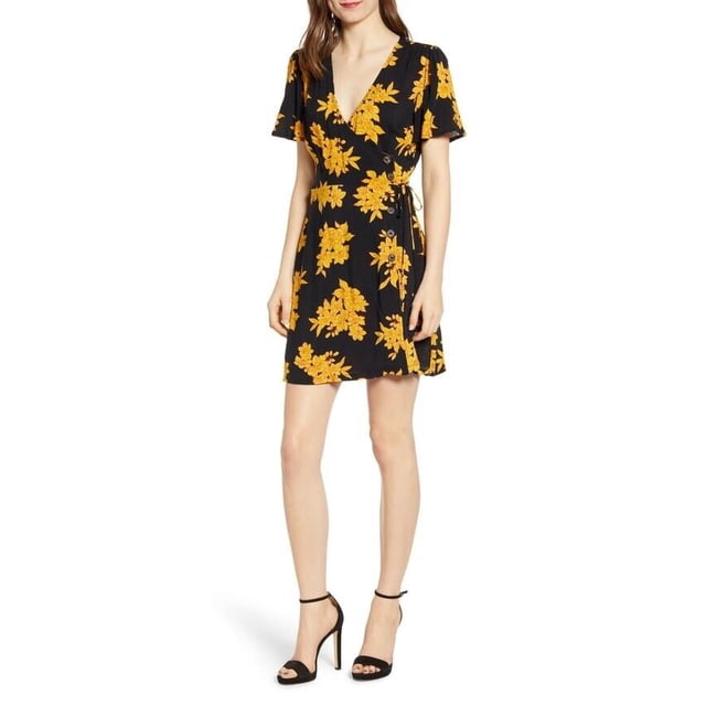 All in Favor Robe Portefeuille à Manches Courtes Noire à Imprimé Floral pour Femme Taille P