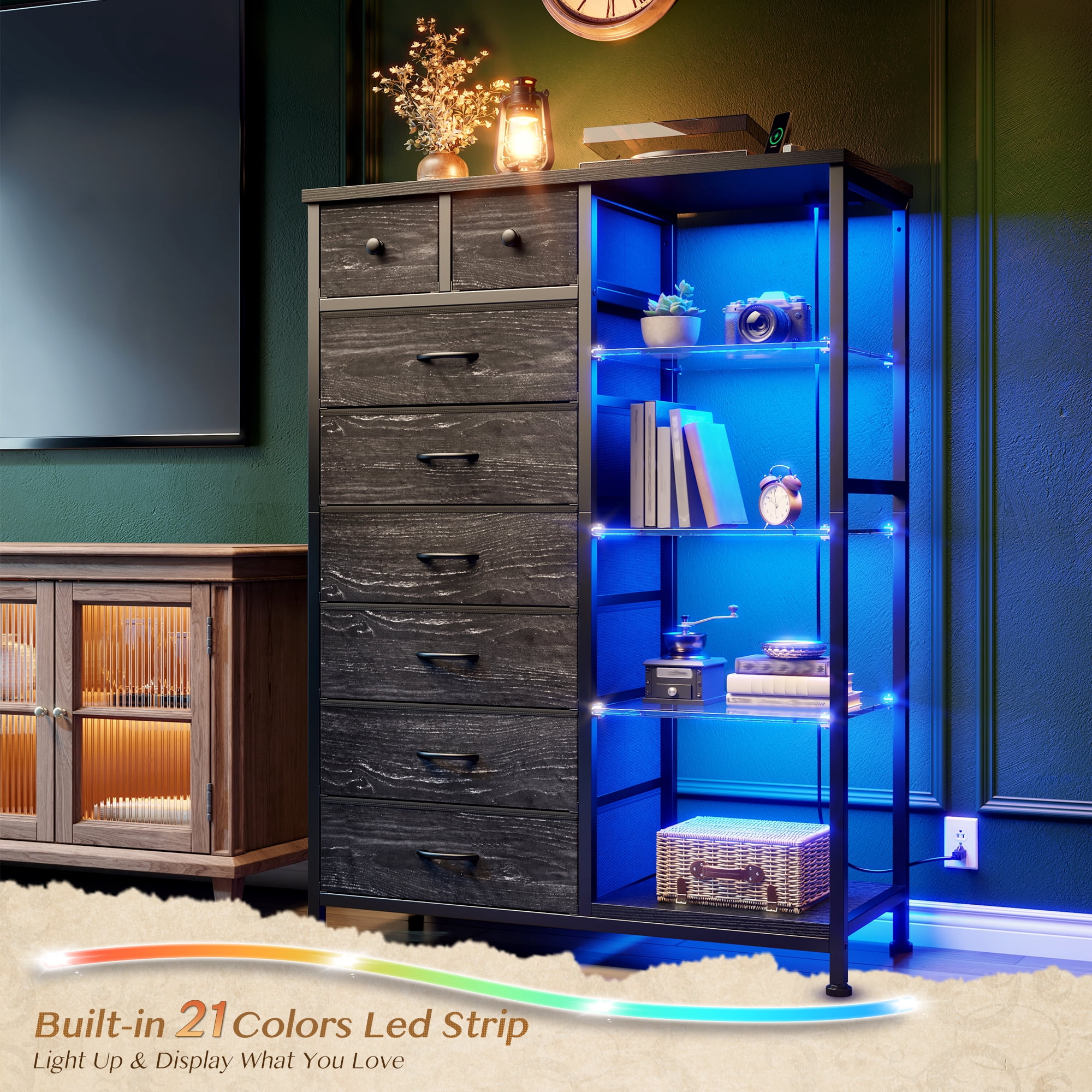 EnHomee Black Dresser for Bedroom with Acrylic Open Shelves & Charging Station Tall Dresser with 8 Fabric Drawers & LED Lights