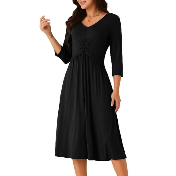 DARING DIVA 3/4 Sleeve Twist Knot Front V Neck A-line Midi Dress S Black