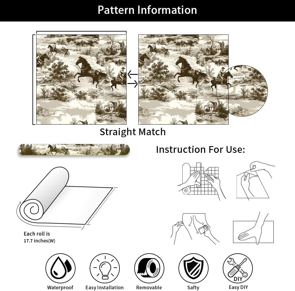 Beige Brown White Western Horse Landscape Peel and Stick Wallpaper Contact Paper Vintage Vinyl Stick on Wall Paper for Bedroom Bathroom Kitchen Cabinet Renter Friendly
