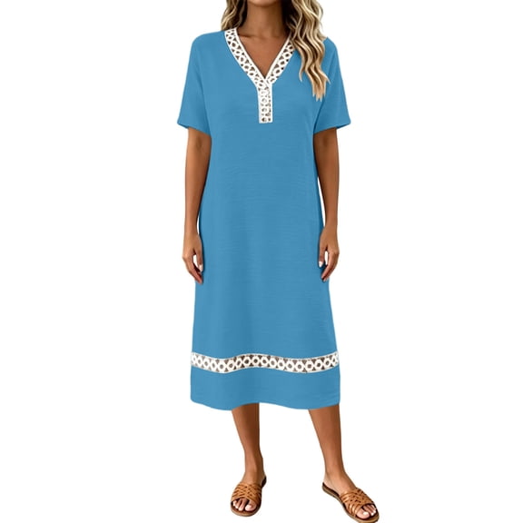 QUNYINEY Casual Summer Womens Dresses Lace Blue Midi Short Sleeve A Line Dress Loose Fit Vacation Beach V Neck Dresses