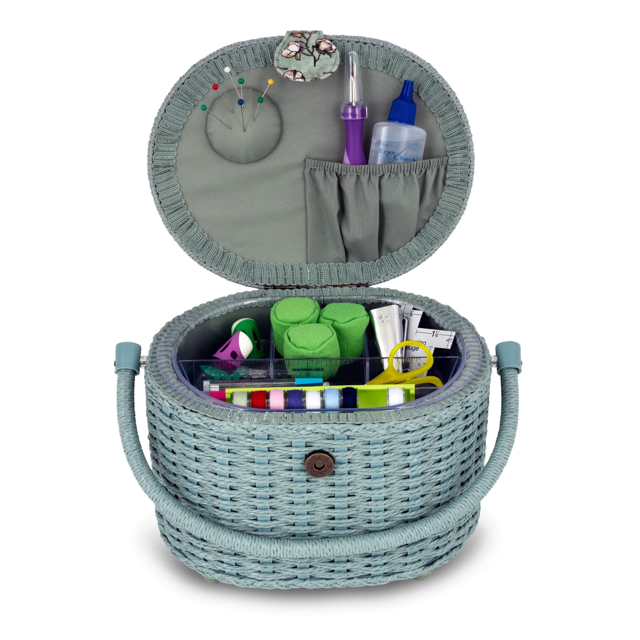 Dritz Oval Weaved Sewing Basket, Small, Soft Green Floral