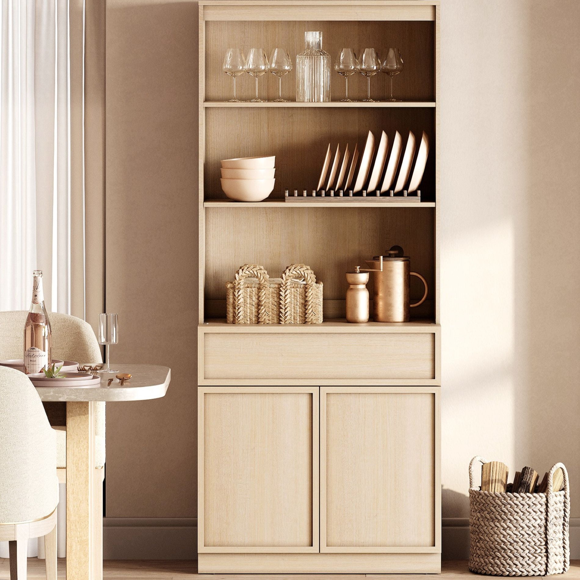 Modern Wood Sideboard Buffet with Doors, Drawers & Adjustable Shelves, 72" Tall Storage Cabinet for Dining Kitchen,Beige