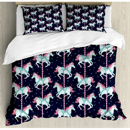 - Baby Duvet Cover Set, Carousel Horses Playthings Merry Go Round Joyful Circus Amusement Park, Decorative Bedding Set with Pillow Shams, Indigo Pale Blue Pink, by Ambesonne