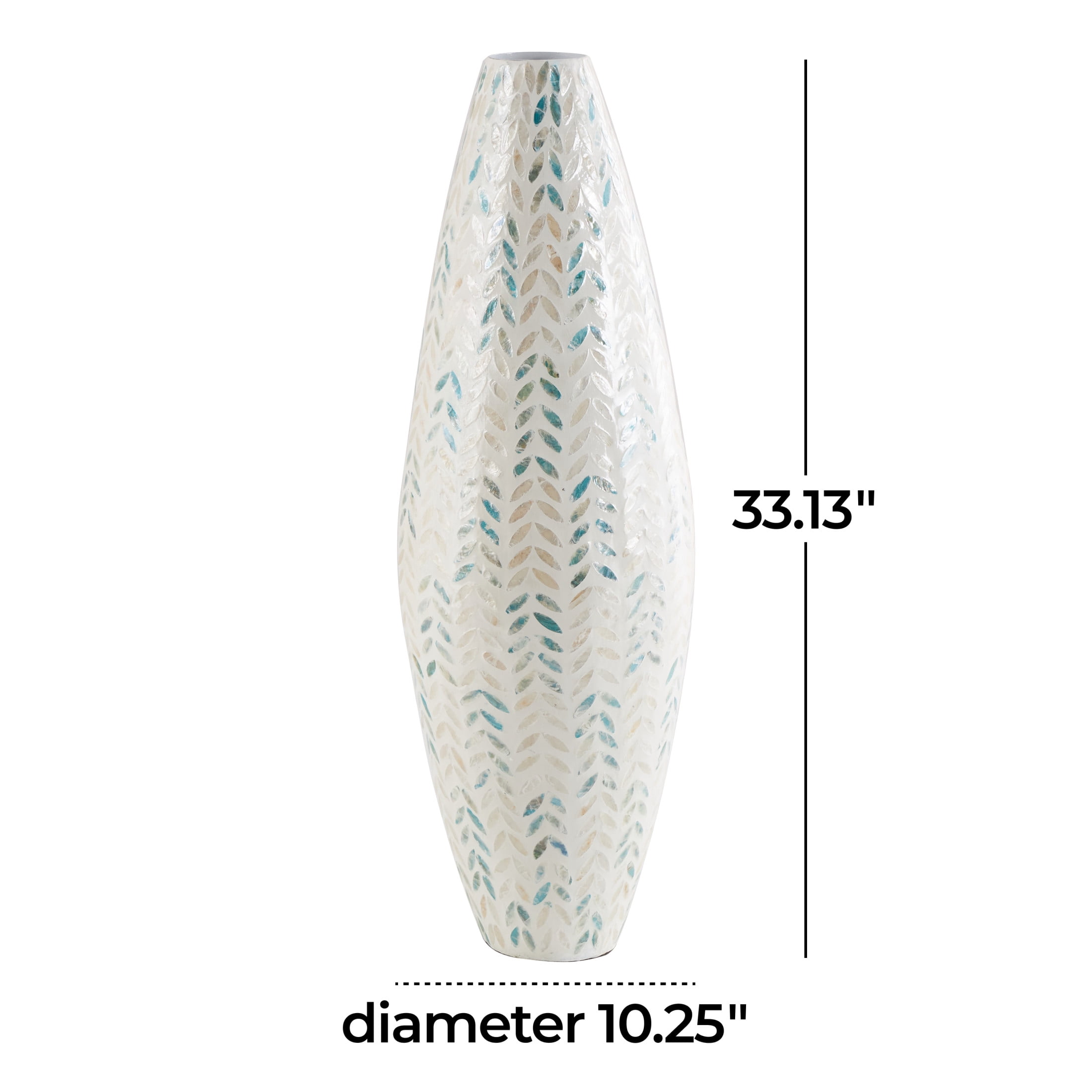 DecMode 33" Leaf Handmade Tall Mosaic Cream Mother of Pearl Shell Vase with Blue Accents