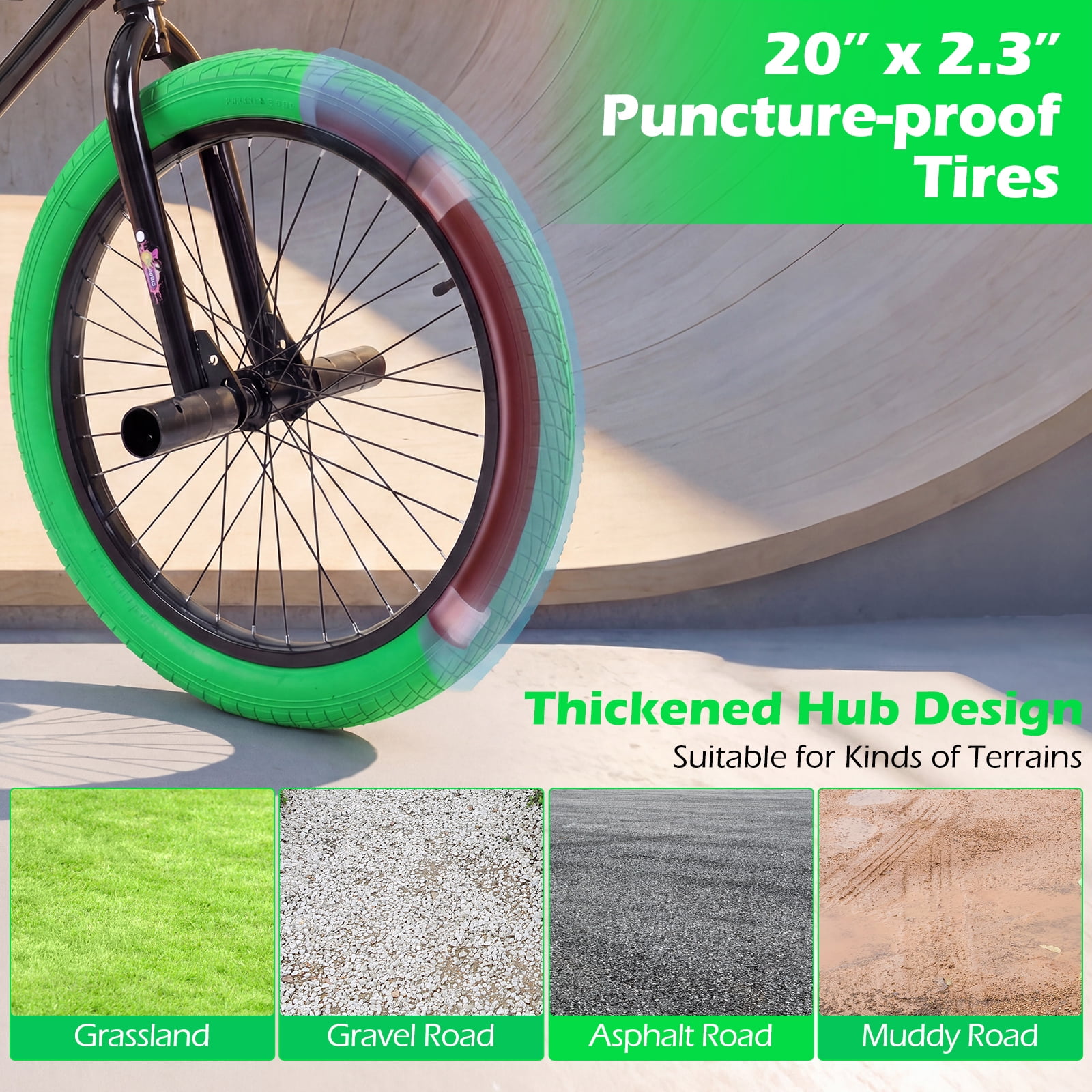 MULTIGOT Freestyle BMX Bike, 20" Trick Bicycle w/ 270° Steering, Adjustable Seat Green