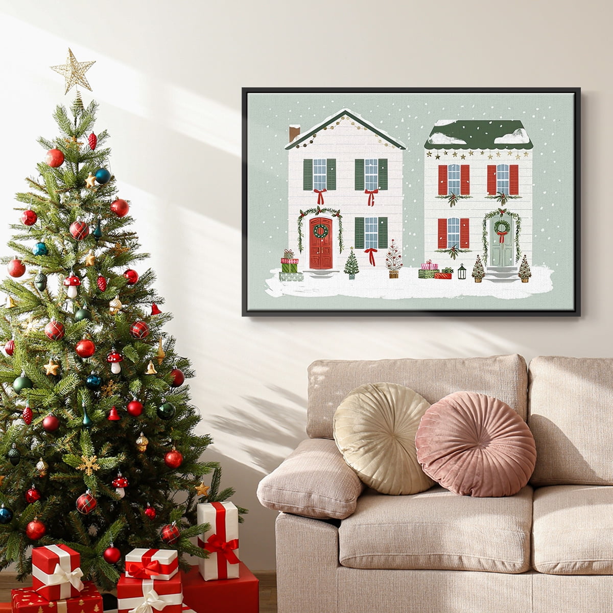 Festive Front Door Collection A - Framed Gallery Wrapped Holiday Canvas - 17 x 25 - Black Frame