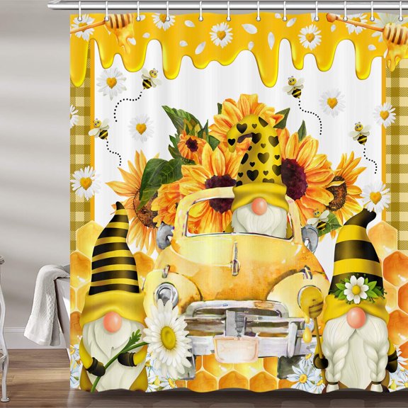 Bee Gnome Sunflower Shower Curtain, Spring Inspirational Honey Bee Fabric Shower Curtains Set for Bathroom, Summer Yellow Farmhouse Truck Restroom Decor Accessories With Hooks 72X 72 Inch