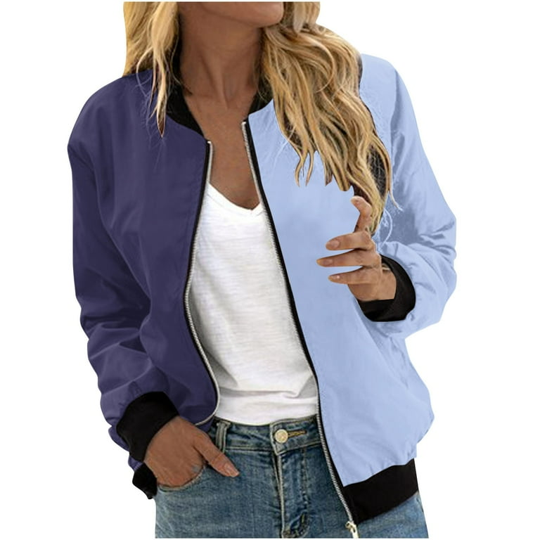 BiZtdJrK Color Block Jackets for Women Zip Up Long Sleeve Bomber