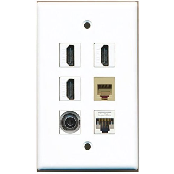 RiteAV - 3 HDMI 1 Port Phone RJ11 RJ12 Beige 1 Port 3.5mm 1 Port Cat5e Ethernet White Wall Plate
