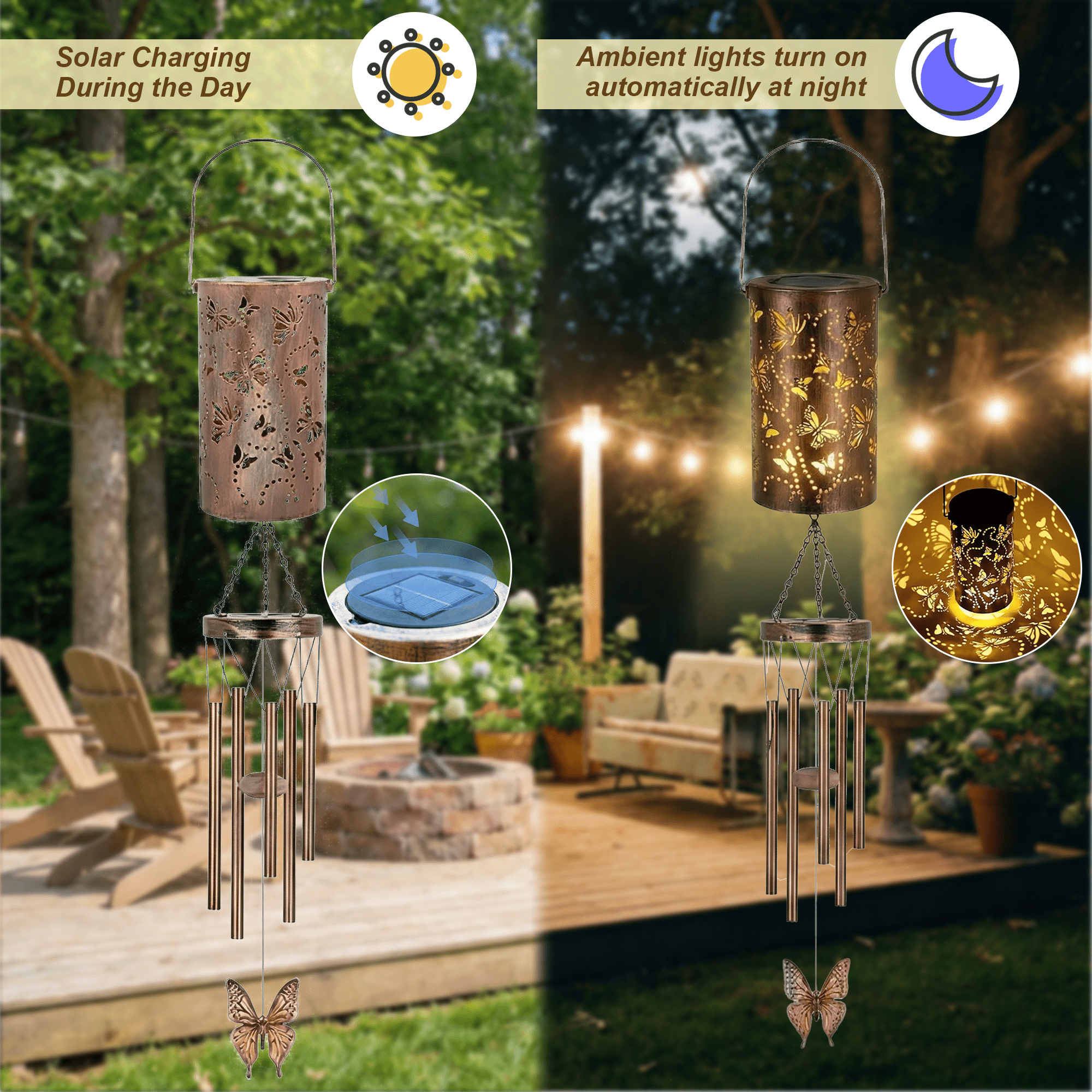KEYAHAPPY Solar Wind Chimes for Outside, Windchimes Outdoors Solar Powered Lights for Garden Decor, Memorial Wind Chimes for Patio Porch Lawn Yard Decorations Outdoor,Butterfly