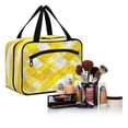 thumbnail image 6 of Travel Hanging Toiletry Bag with 4 Zipped Compartments Waterproof Makeup Accessories Spacious Cosmetic Bag Yellow and White Checkered Squares Large, 6 of 9