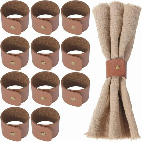 12PCS Brown PU Leather Napkin Rings Rustic Buckle Napkin Holder Vintage Leather Serviette Rings Handmade Table Decoration for Wedding Birthday Receptions Family Gatherings Dinner Party Sienna
