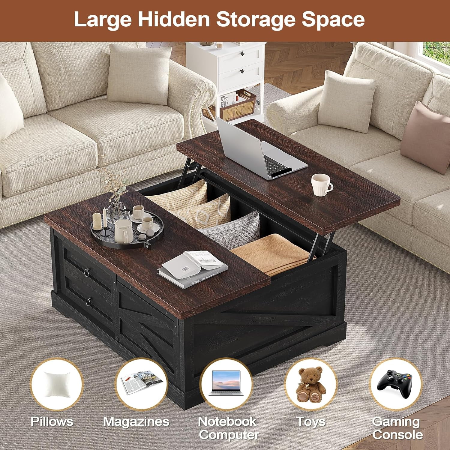 39.4" Lift-Top Coffee Table with Storage, Farmhouse Square Coffee Table with Drawers, Sliding Door and Hidden Storage Compartment, Center Table Gaming Station or Workspacefor Living Room, Black