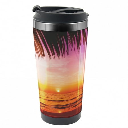 

Tropical Travel Mug Coconut Palm Tree Leaf Steel Thermal Cup 16 oz by Ambesonne