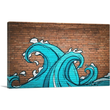 ARTCANVAS Two Waves on Brick Wall Graffiti Canvas Art Print - Size: 26" x 18" (0.75" Deep)