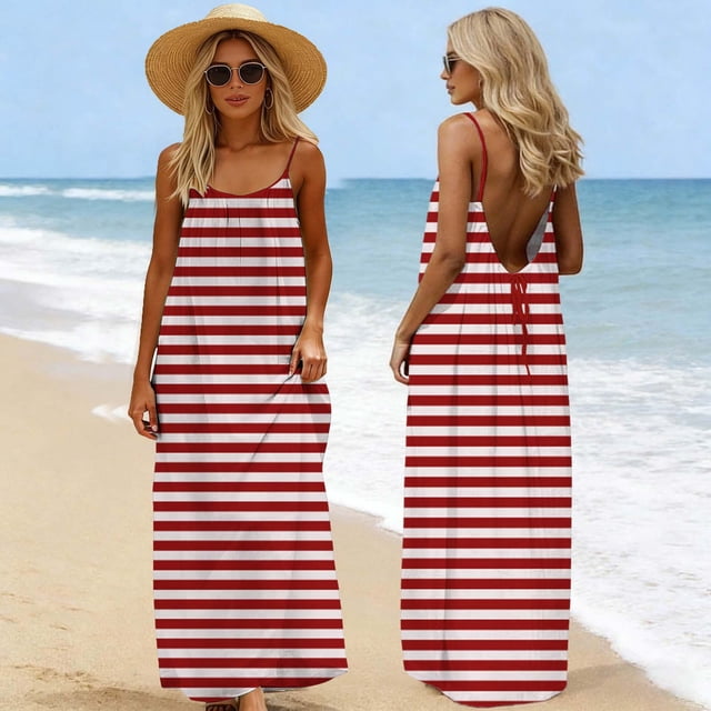 Ovbmpzd Robes pour Femmes Dos Nu Maxi Robe Caraco à Rayures Bretelles Spaghetti Dos à Nouer Robe d'Été pour Dames L