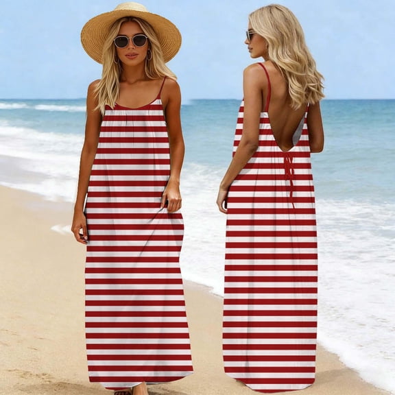 Elvqul Summer Dresses for Women Pullover Red Maxi Dresses Sleeveless Square Neckline Striped Womens Cami Dresses Backless