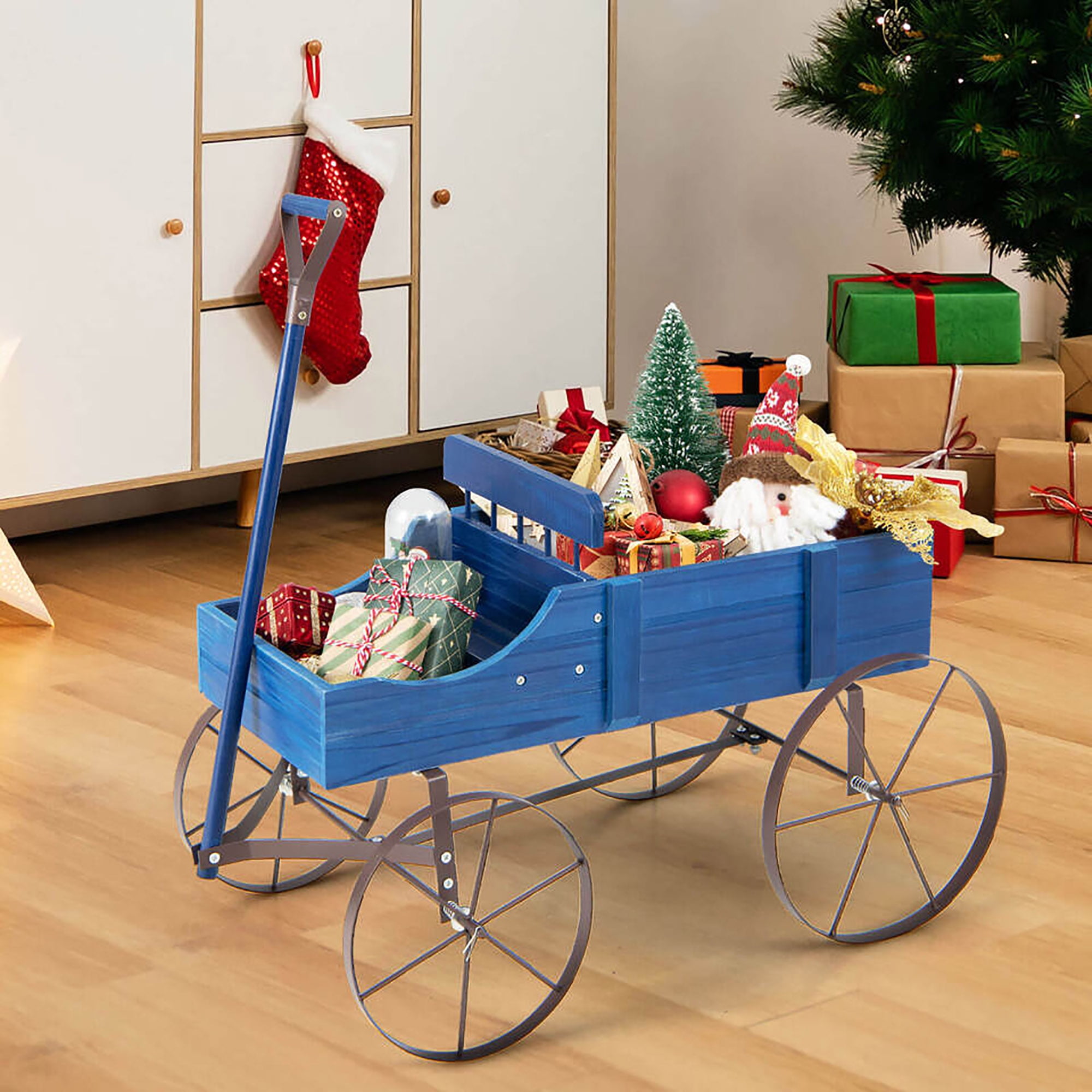 Gymax Wooden Garden Flower Planter Wagon Plant Bed W/ Wheel Garden Yard Blue