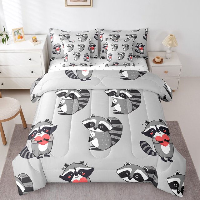 YST 7-Piece Grey Raccoon Comforter Set, Queen – Cartoon Wildlife