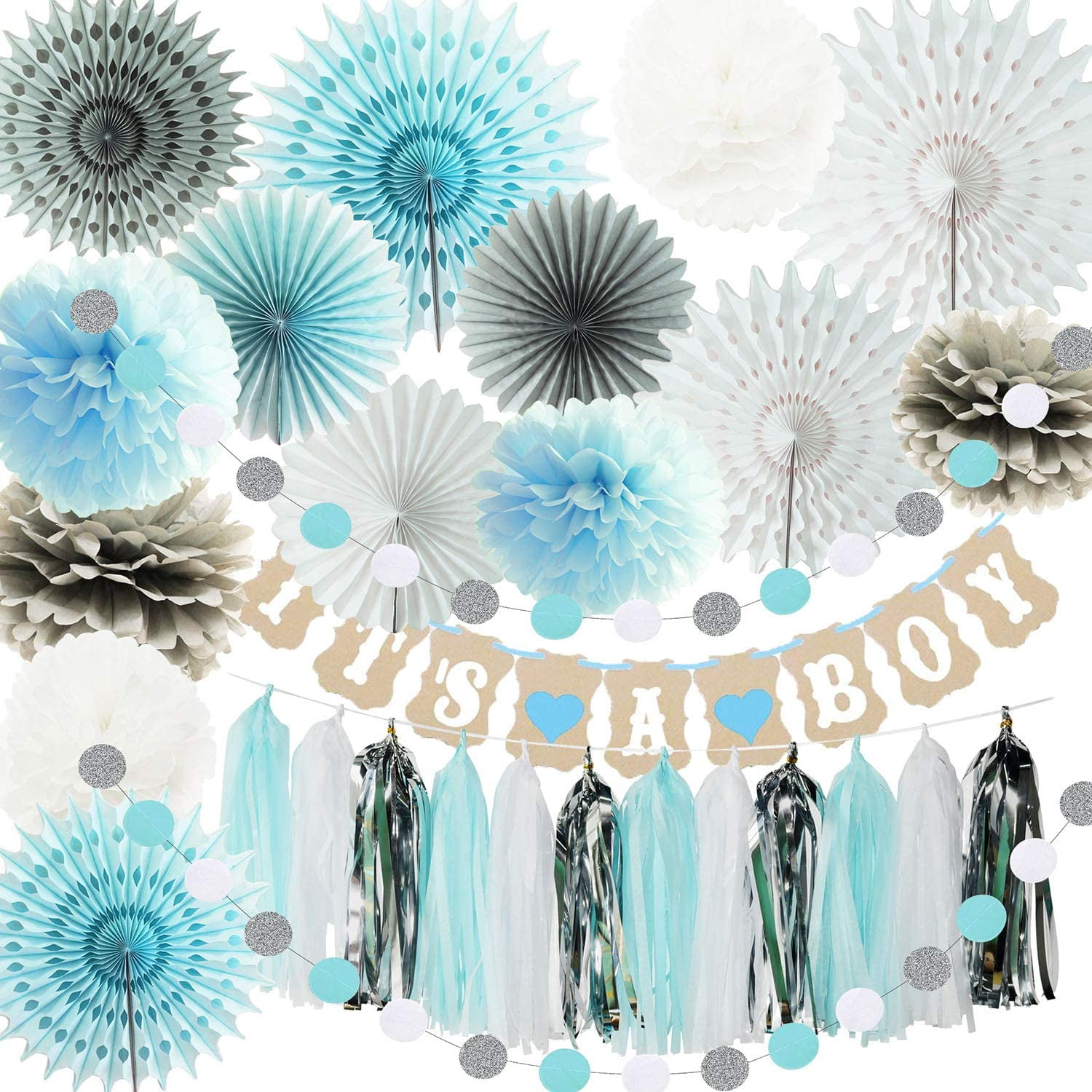 Turquoise and Grey 12 ft Circle Paper Garland- Wedding Baby Shower Party Decorations Birthday Bridal Shower