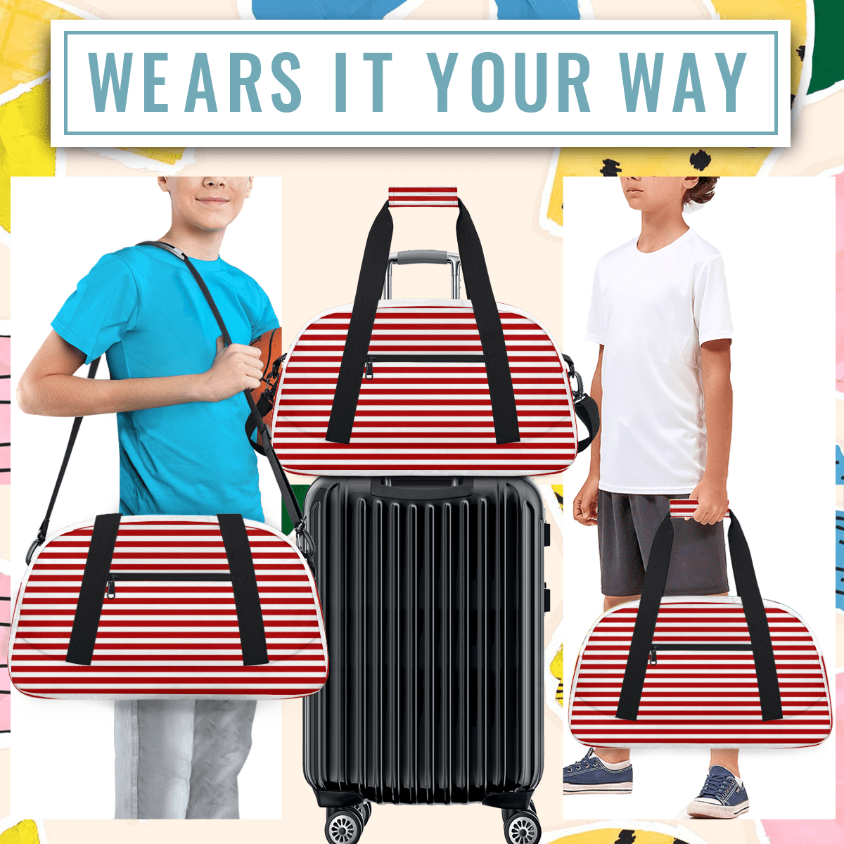 Herdesigns Red Striped Sports Duffle Bag for Women & Men, Gym Bag Dance Bag Overnight Bag Carry On Weekender Travel Bag