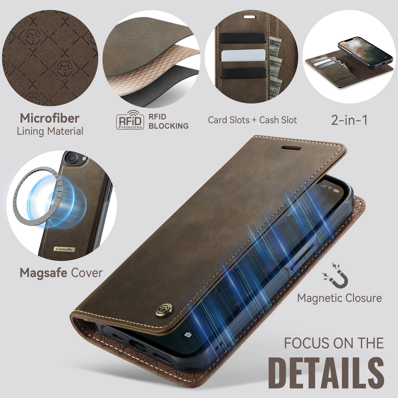 Magnetic 2 in 1 Magsafe Detachable Wallet Case for iPhone 16e with Card Holder Women Men, Retro PU Leather【RFID Blocking】Kickstand Shockproof Cover