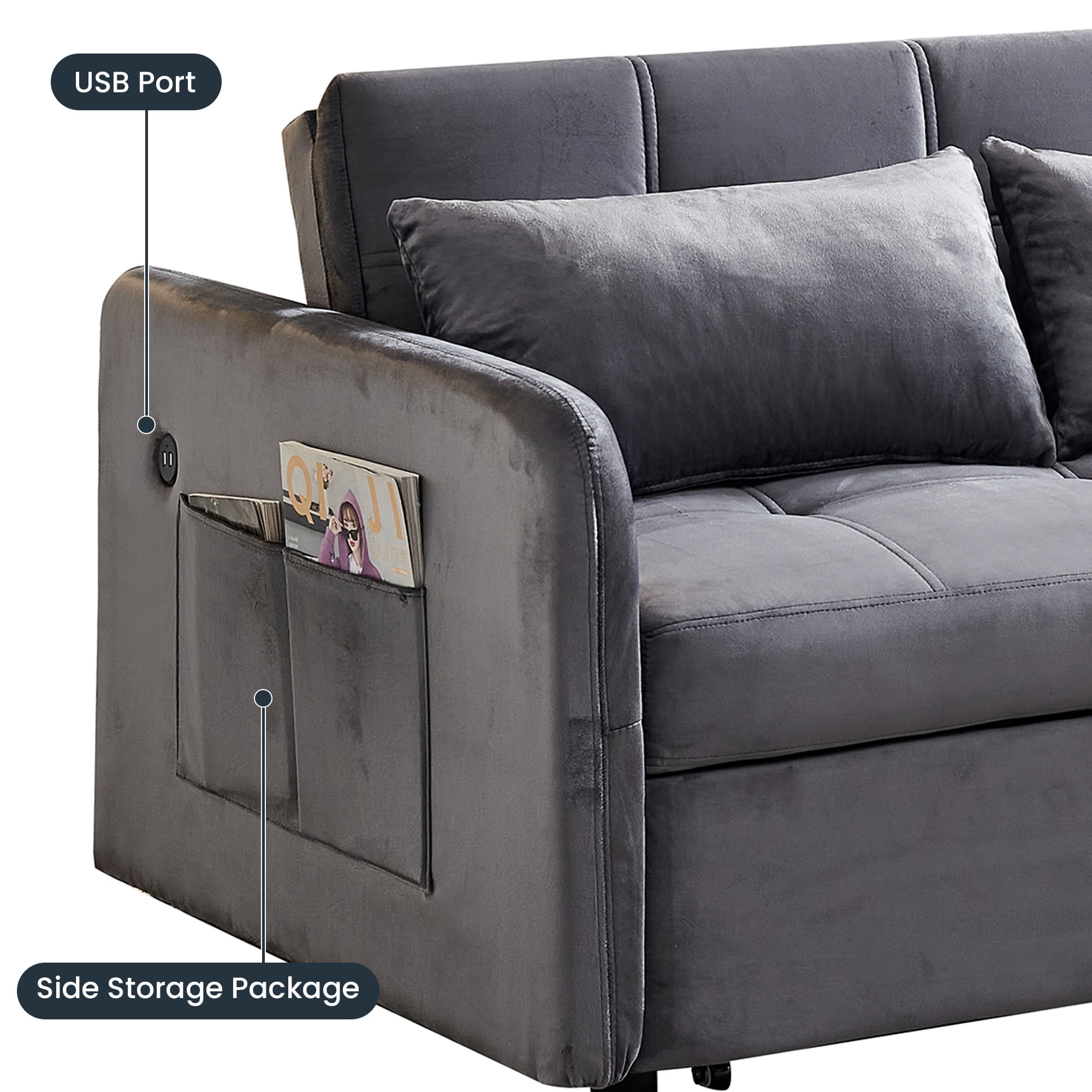 DEALTOPS 55.5" Pull Out Loveseats Sleeper Sofa Bed with USB Ports and Side Pockets, Gray