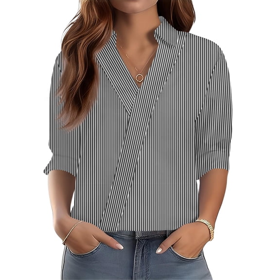 OIOLOYJM Golf Shirts for Women V Neck 3/4 Sleeve Geometric Print Polo Shirts Spring Lapel Collar Loose Fit Sports T Shirts Work Casual Outfits Gray M