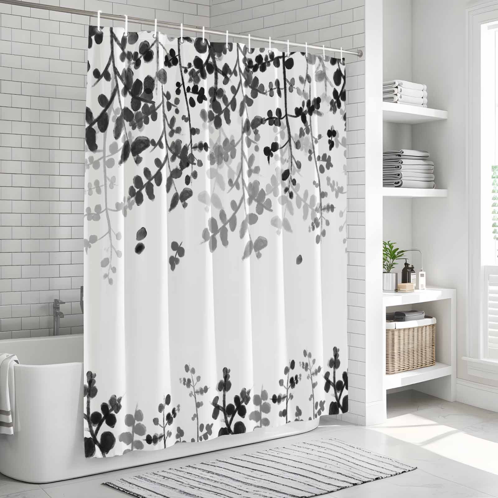 Black Leaves Shower Curtain, Waterproof Shower Curtains for Bathroom, Summer Botanical Washable Fabric Bathtub Curtain Set Bath Decor with 12 Hooks 48"x72"