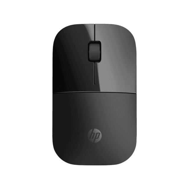 mouse hp z3700 inalambrico 1200 dpi negro, vista frontal centrada de mouse inalámbrico delgado con dos botones y rueda de desplazamiento; superficie superior mate con logo HP visible, receptor USB listo y conexión inalámbrica 2.4 GHz según especificaciones; tamaño compacto, apto para oficina y viajes.